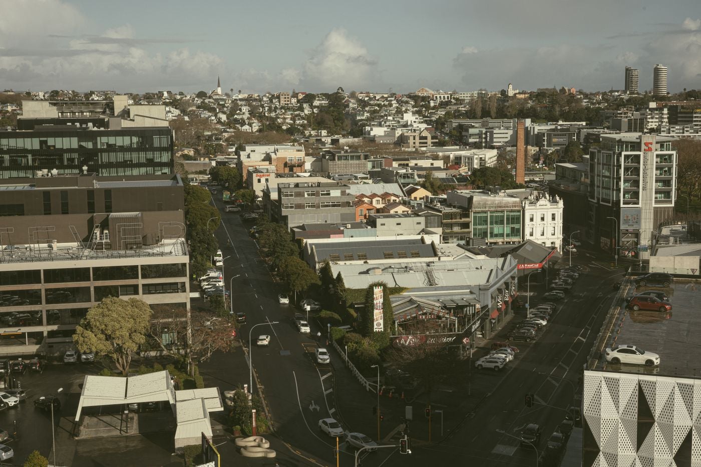 Auckland neighbourhoods and city buildings, viewed from above