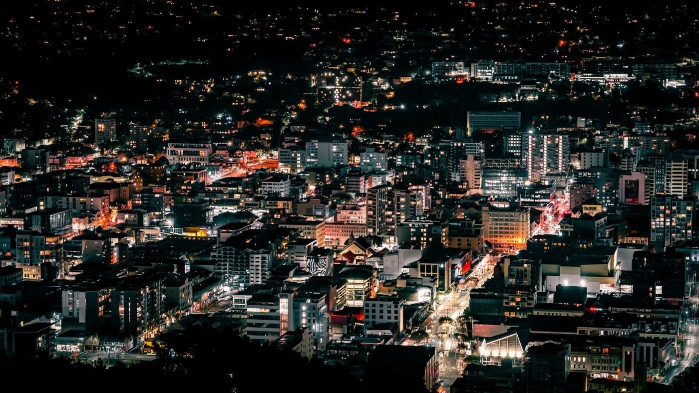 Wellington’s city streets and buildings illuminated in the evening
