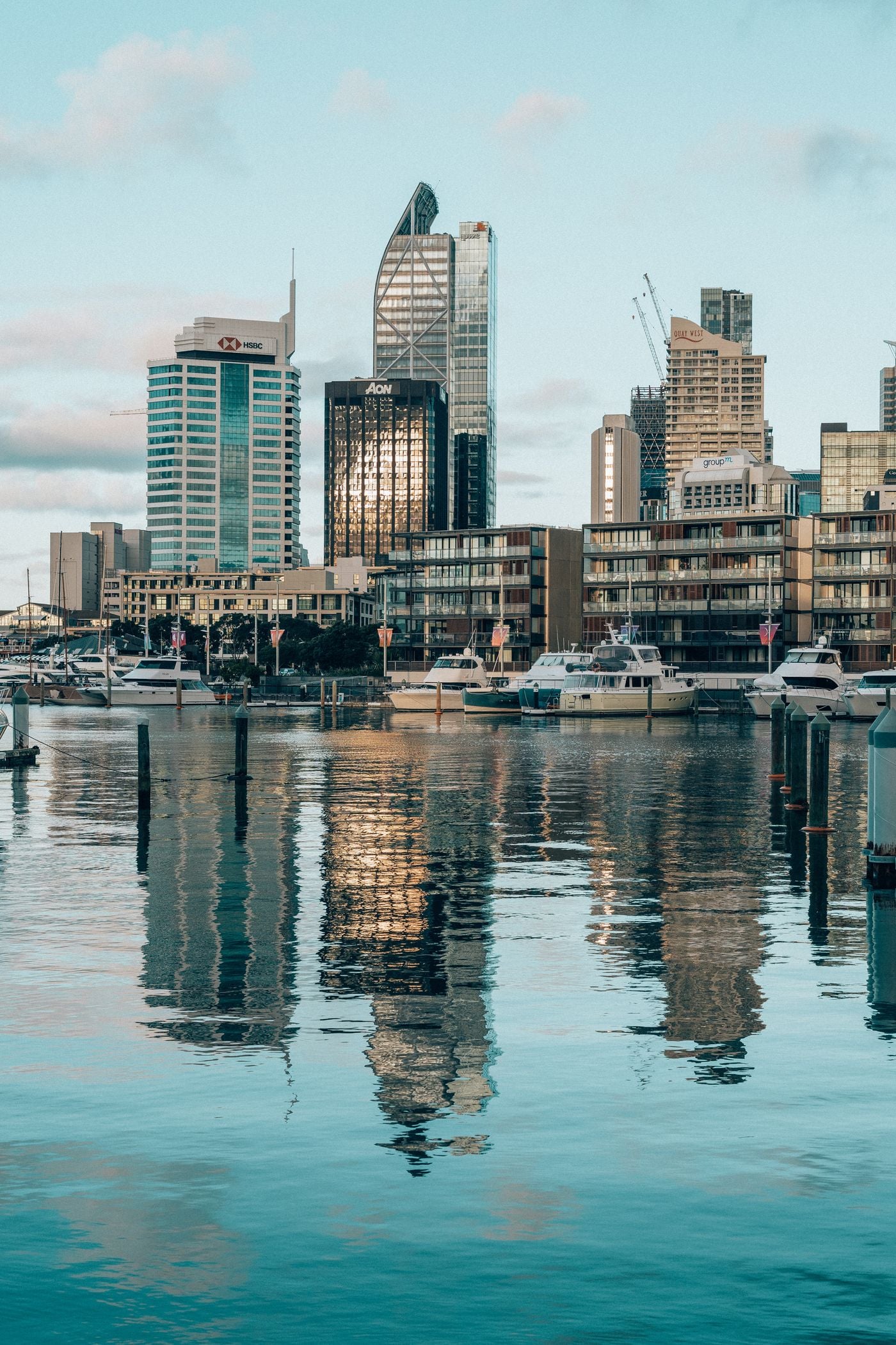 Auckland waterfront buildings reflected in the harbour