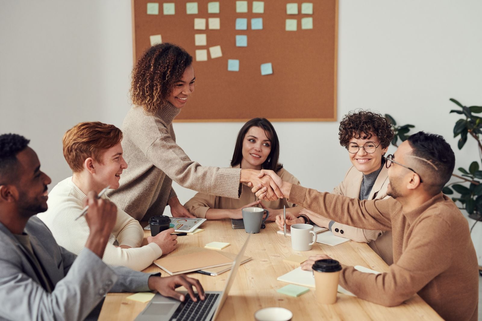 People working together around a table in a bright office